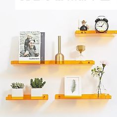 there are three shelves that have pictures and plants on them, one is yellow the other is orange