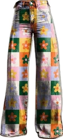 Trendy Pants For Vacation, Trendy Full-length Pants For Vacation, Trendy Full Length Pants For Vacation, Casual Multicolor Floral Print Pants, Casual Patterned Fall Bottoms, Casual Multicolor High Waist Wide Leg Pants, Casual Patterned Bottoms For Fall, Casual Fall Patterned Bottoms, Multicolor Floral Print Wide Leg Bottoms