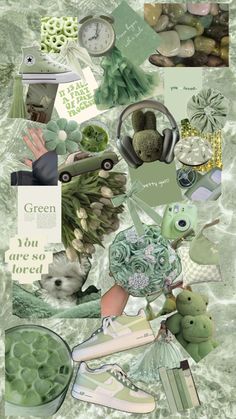 a collage with many different items and words on it's side, including green