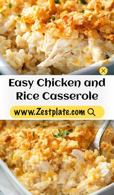 chicken and rice casserole in a white dish