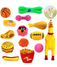 various toys and food are arranged in the shape of dogs, hamburgers, hotdogs, corn dogs, and more