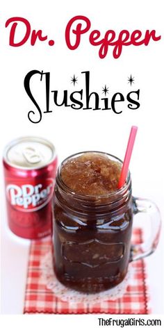 dr pepper slushies in a mason jar with a red and white checkered napkin