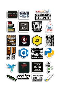 many different stickers are arranged together on a white background with the words coder