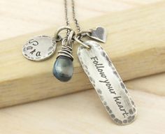 Personalized Graduation Necklace - Rustic Hand Stamped Jewelry - Antiqued Sterling - Gemstone Births Spiritual Hand Stamped Pendant Necklace, Spiritual Sterling Silver Charm Necklace With Gemstone, Personalized Silver Spiritual Jewelry, Personalized Spiritual Silver Jewelry, Spiritual Personalized Silver Jewelry, Personalized Unique Silver Necklaces, Unique Personalized Silver Necklaces, Unique Personalized Silver Necklace, Sterling Silver Hand Stamped Necklace For Mom