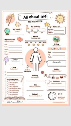 an all about me worksheet with pictures and words on the page, which includes information