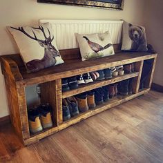 a wooden bench with some shoes on it