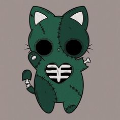 a green cat with black eyes holding a cell phone in it's paws and wearing a skeleton mask