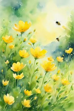 watercolor painting of yellow flowers and bees