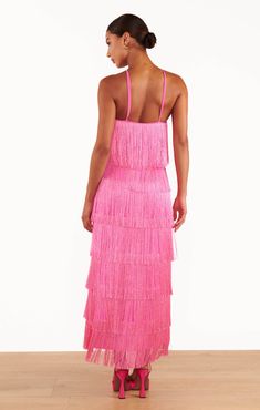 Gatsby Maxi Dress ~ Pink Fringe Elegant Party Dress, Romper And Jacket, Elegant Party Dresses, Bridal Party Dresses, Black Tie Wedding, Elegant Party, Pink Maxi Dress, Maxi Dress With Sleeves, Dress With Cardigan