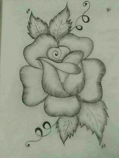 a drawing of a rose with leaves and music notes on the back of its head