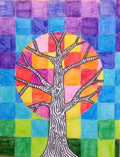 a painting of a tree with colorful squares in the background