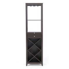 a tall black shelf with a wine rack on it's top and bottom shelves