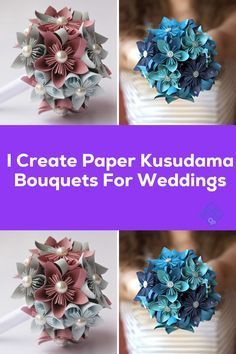 four different pictures of paper flowers with the words i create paper kusuda bouquets for