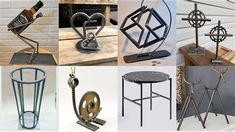 there are many different metal items in this collage, including wine racks and vases