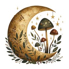 the moon with mushrooms is surrounded by stars and leaves, while it's painted in gold