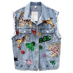 VANESSA AIDEN CASUAL SLEEVELESS DENIM JEAN WOMEN VEST WITH SEQUIN Denim Vest Women, Jeans Vest, Sequin Jeans, Denim Waistcoat, Women Vest, Plus Size Denim, Vest Women, Jean Vest, Jacket Fashion