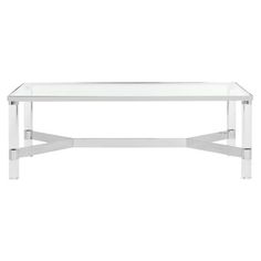 a glass coffee table with metal legs and a clear shelf on the bottom, against a white background