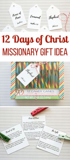 the 12 days of christmas mission gift idea is shown with tags, scissors and other items