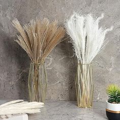 three vases with plants in them sitting on a table next to a book and plant