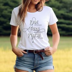 Great Barrel Racing tee shirt for the rodeo cowgirl you love. Perfect for a barrel racer mom, dad and siblings or fans. A gift every barrel racer is going to love to wear to the Rodeo. You'll find this great design on sweatshirts too.   Our tees have beautiful colors in baby-soft, vintage feeling t-shirts from Bella Canvas. Americas most loved brand. *Pre-shrunk tees fit true to size *Side-seamed construction: gives you a more flattering fit compared to the standard tubular manufacturing most ch Barrel Racing Shirts, Rodeo Mom, Barrel Race, Horse Quotes Funny, Vintage Feeling, Rodeo Cowgirl, Barrel Horse, Barrel Racer, Racing Girl