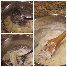 three pictures showing how to make mashed potatoes in a pot with a wooden spoon