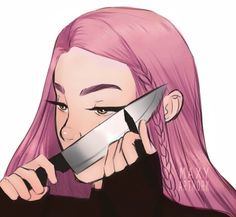 a woman with pink hair holding a knife