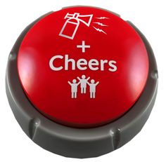 a red button with the words cheers and people holding hands in front of it, on a white background