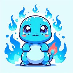 a blue cartoon character sitting on the ground with fire coming out of its back end