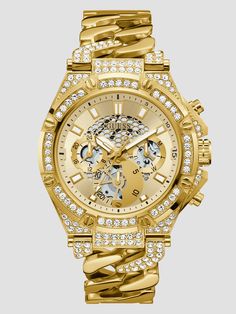 Gold-tone multifunctional watch Minimalist hour markers Rhinestone embellishments Polished chain-link bracelet Gold Diamond Watches Men, Guess Watches, Guess Watch, Guess Men, Mens Gold, Men's Watches, Stainless Steel Watch, Chain Link Bracelet, Chronograph Watch