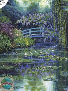 a painting of water lilies and a bridge