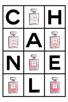 the chanel logo is shown in black and white, with pink perfume bottles on it