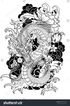 a black and white drawing of a dragon with flowers on it's head, surrounded by clouds