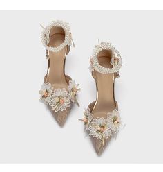 LBSFY - Spring New Princess High Heels, Pointed Shoes, Flower Pearl Chain Wedding Shoes, Small and Elegant Hollow Shoes for Women Gold Wedding Shoes For Spring Wedding Guest, Gold Wedding Guest Shoes For Spring, Elegant Flower Heels For Wedding, Beige Wedding Shoes For Spring Party, Spring Wedding Shoes In Beige, Elegant Wedding Shoe Clips For Summer, Wedding Shoe Clips For Spring, Spring Wedding Shoes With Flower Design, Gold Feminine Heels For Wedding