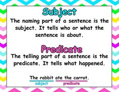 simple explanations and an example to help teach students subject and predicate Predicate And Subject, Subject And Predicate Games, Simple Subject And Predicate, Spelling Tips, Complete Subject And Predicate, Subject Predicate, Grammar Anchor Charts, Sentence Pattern, Writing Interventions