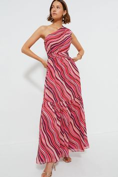 Sunset Stripe Cadiz Dress Tuckernuck Dress, Hamptons Summer, Summer Style Guide, Asymmetric Neckline, Skirt Maxi, Pink Swirls, Asymmetrical Neckline, Cadiz, Flowy Skirt