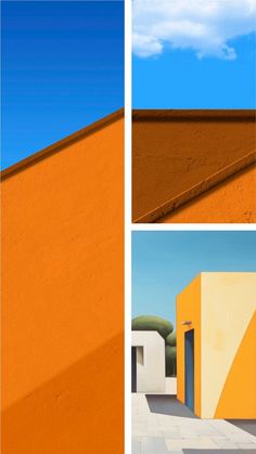 three different images of an orange building with blue sky and clouds in the back ground