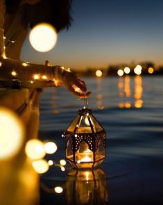 a person is holding a lantern in the water