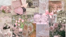 a collage of pink and white images