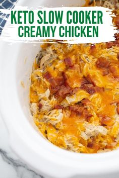 keto slow cooker creamy chicken recipe in a white bowl with text overlay