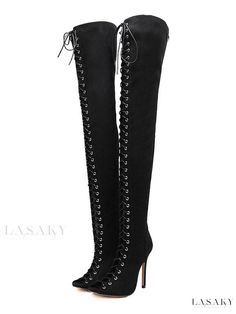 Lasaky - Womens Nubuck Thigh High Boots with Lace Up Design, Peep Toe, Stiletto Heel - Over The Knee Stylish Footwear Chic Fitted Lace-up Knee-high Boots, Elegant Fitted Knee-high Lace-up Boots, Fitted Thigh-high Lace-up Boots, Fitted Lace-up Knee-high Boots For Winter, Fitted Lace-up Boots For Winter Parties, Fitted Winter Lace-up Boots For Parties, Fitted Lace-up Knee-high Boots For Night Out, Red Platform Sandals, High Heel Dress Shoes