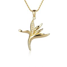 In this photo there is a small yellow gold bird of paradise pendant with diamonds. Bird Of Paradise Flower, Birds Of Paradise Flower, Flower Motif, Bird Of Paradise, Yellow Gold Pendants, Exotic Flowers, Birds Of Paradise, Chains Jewelry, Gold Pendant