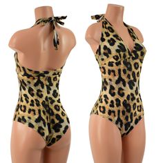 "This bodysuit is made of top quality four way stretch leopard print spandex. This fabric is beautifully soft, breathable, very durable, and crazy stretchy. Moderate V neckline and tie back halter top. This romper has our Siren cut leg which is cheeky in back. Four way stretch for a figure forming fit. This bodysuit is unlined. This item is made to order. Ships out within 5 days of purchase. Womens Sizing (See below for instructions on where measurements should be taken) XXS: Bust 29\"-30\" / Wa Leopard Print Sleeveless Swimwear For Party, Sleeveless Stretch Leopard Print Bodysuit, Fitted Leopard Print Swimwear For Party, Leopard Print Halter Neck Swimwear For Swimming, Leopard Print Bodysuit For Swimming In Summer, Stretch Leopard Print One-piece Swimwear, Leopard Print Bodysuit For Summer Swimming, Summer Leopard Print Swimming Bodysuit, Summer Party Leopard Print Bodysuit