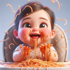 a baby girl eating spaghetti from a high chair