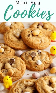 chocolate chip cookies with easter eggs and mini chicks