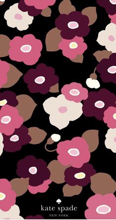 a black background with pink, brown and white flowers on it's side that says kate spade new york