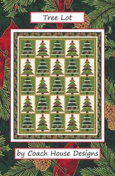 a quilted christmas tree pattern with pine cones and evergreen leaves on green background, surrounded by red ribbon