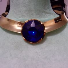 Nwt: Large Blue Rhinestone Circle In The Middle Of This Gold Tone Choker, 15" Long Royal Blue And Gold Necklace, Luxury Blue Necklace With Large Stone, Vintage Blue Choker Jewelry, Elegant Blue Metal Choker, Gold-tone Costume Jewelry Choker, Gold Cuffs, Blue Gems, Blue Rhinestones, Blue Gold