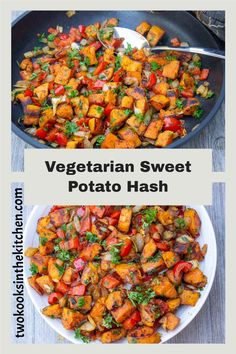 vegetarian sweet potato hash browns in a skillet with the words, vegetarian sweet potato hash browns