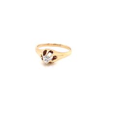 Vintage 1920's 14k yellow gold 6 prong Belcher diamond engagement ring. The diamond is a European cut and weighs about .17ct. The diamond is F color, and VS2 clarity and has 2 tiny nicks due to the age. The size of the ring is a 4.5, and has the ability to be resized. The height of the ring off of the finger is 5.7mm. The width of the band is 3.3mm and tapers down to 1.5mm. Victorian Diamond Ring With Vvs Clarity, Classic Signet Ring With Single Diamond Round Cut, Classic Yellow Gold Signet Ring With Single Diamond, Classic Signet Ring With Single Diamond, Classic Signet Ring With Center Stone, Antique 14k Gold Single Diamond Ring, Antique Diamond Ring With Single Diamond, Antique Single Diamond White Diamond Ring, Victorian Diamond Ring With Single Diamond