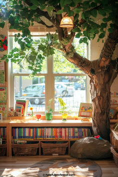 a tree in the corner of a room next to a window with lots of books on it